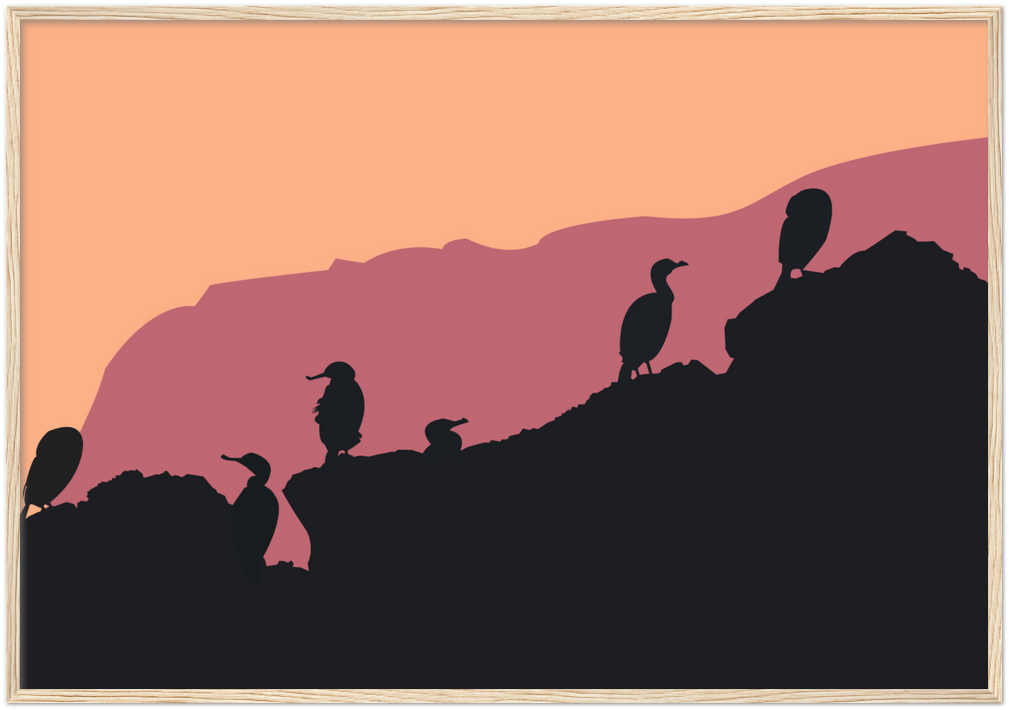 Poster Cadre Bois "Oiseaux de Mer" Papier Mat Premium