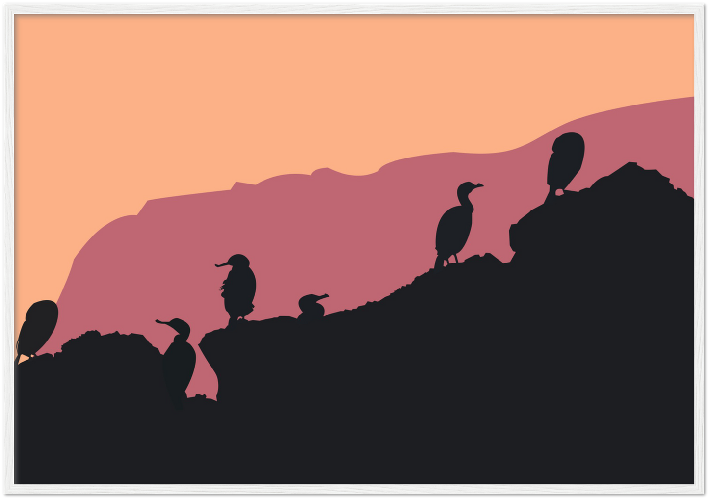 Poster Cadre Bois "Oiseaux de Mer" Papier Mat Premium